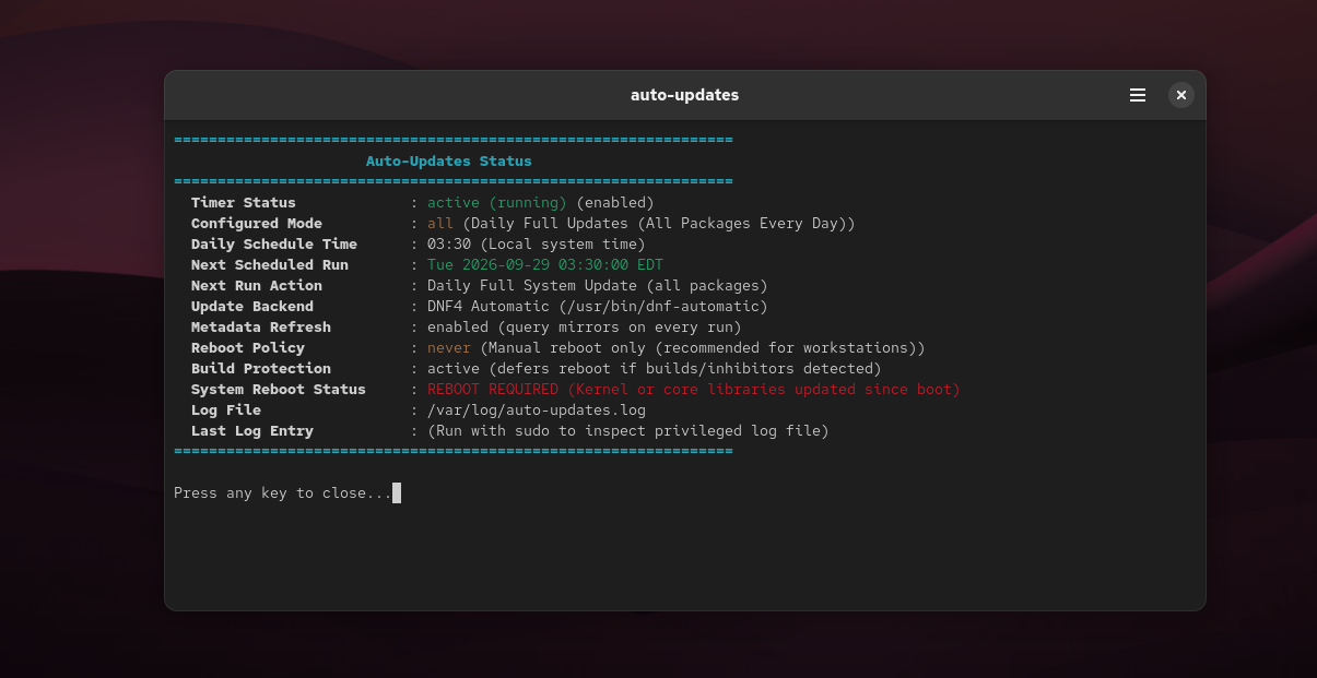 Real-time system status and scheduled update timer inspection